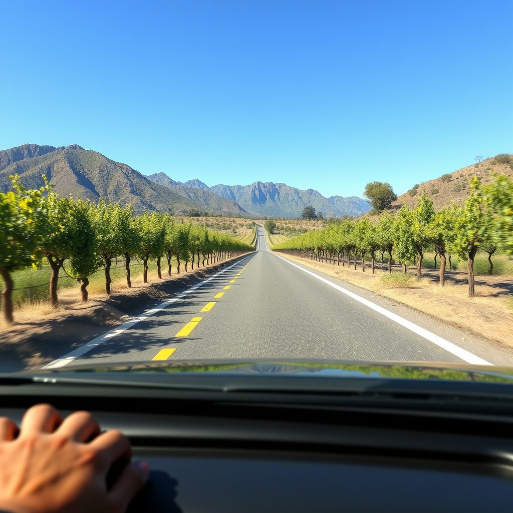 Carretera entre viñedos en una ruta del vino de México