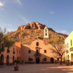 Plaza colonial de Parras de la Fuente con el cerro del Santo Madero